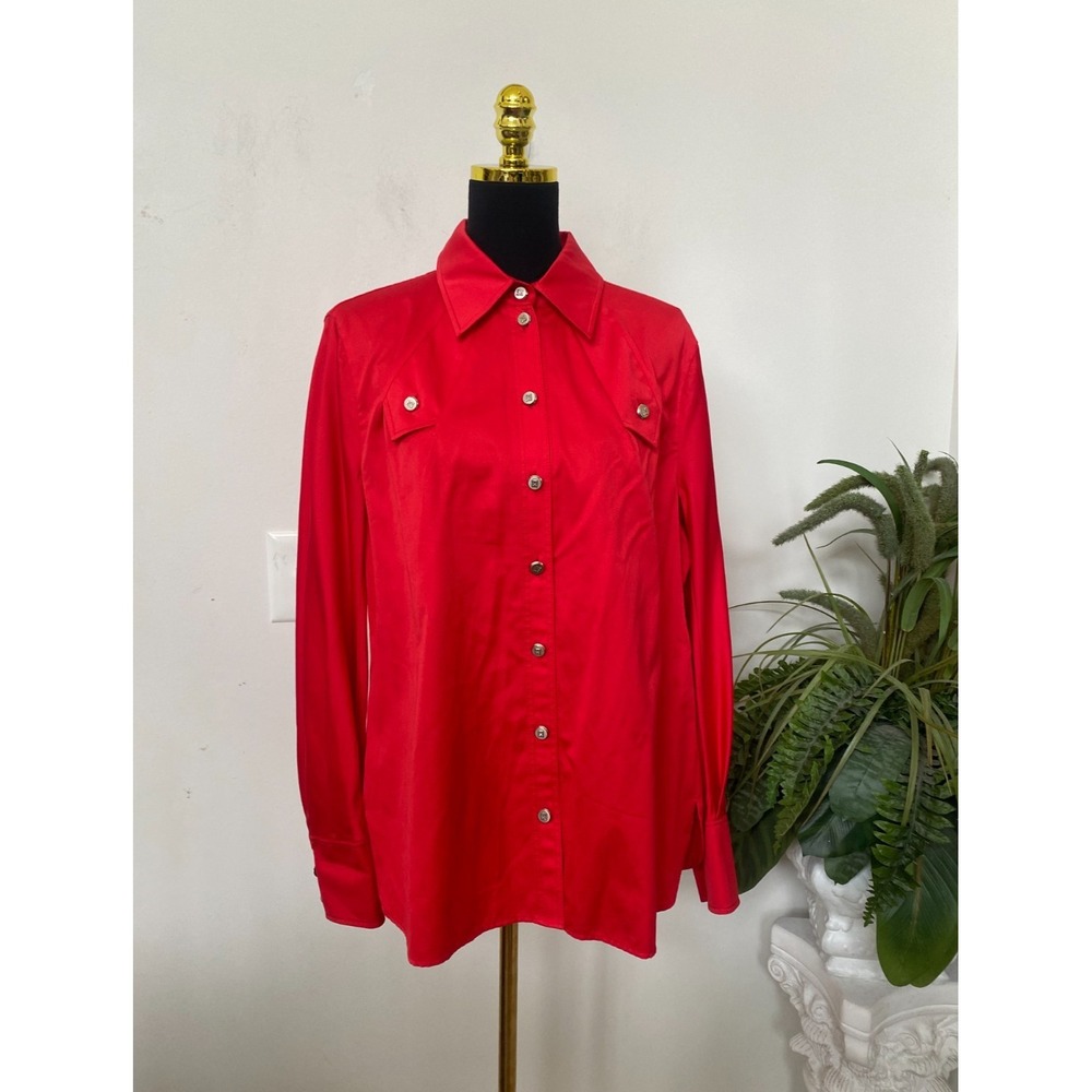 Escada Womens Career Red Cotton Button Up Long Sleeve Shirt Blouse Size XL, $219